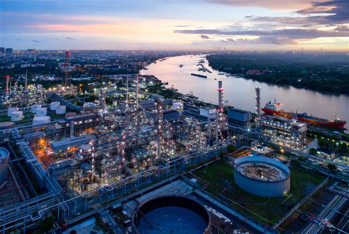 aerial view of refinery at dawn